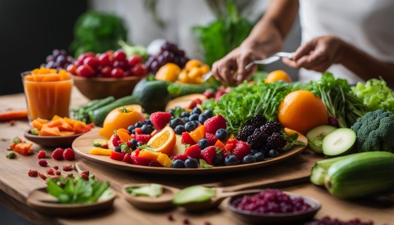 Table pleine de fruits et légumes frais.