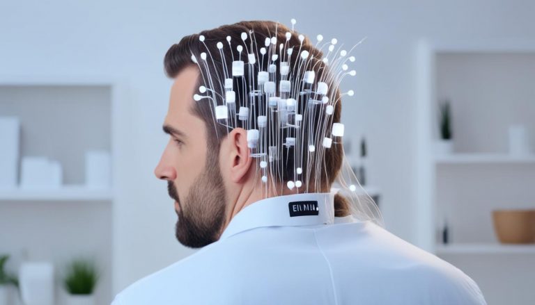 Homme avec interface cerveau-ordinateur futuriste.