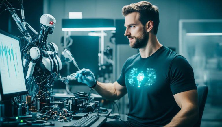 Homme interagissant avec robot dans laboratoire de technologie.