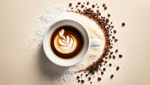Tasse de latte art avec grains de café.