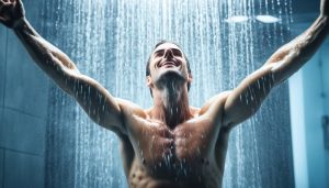 Homme prenant une douche, bras levés, souriant.