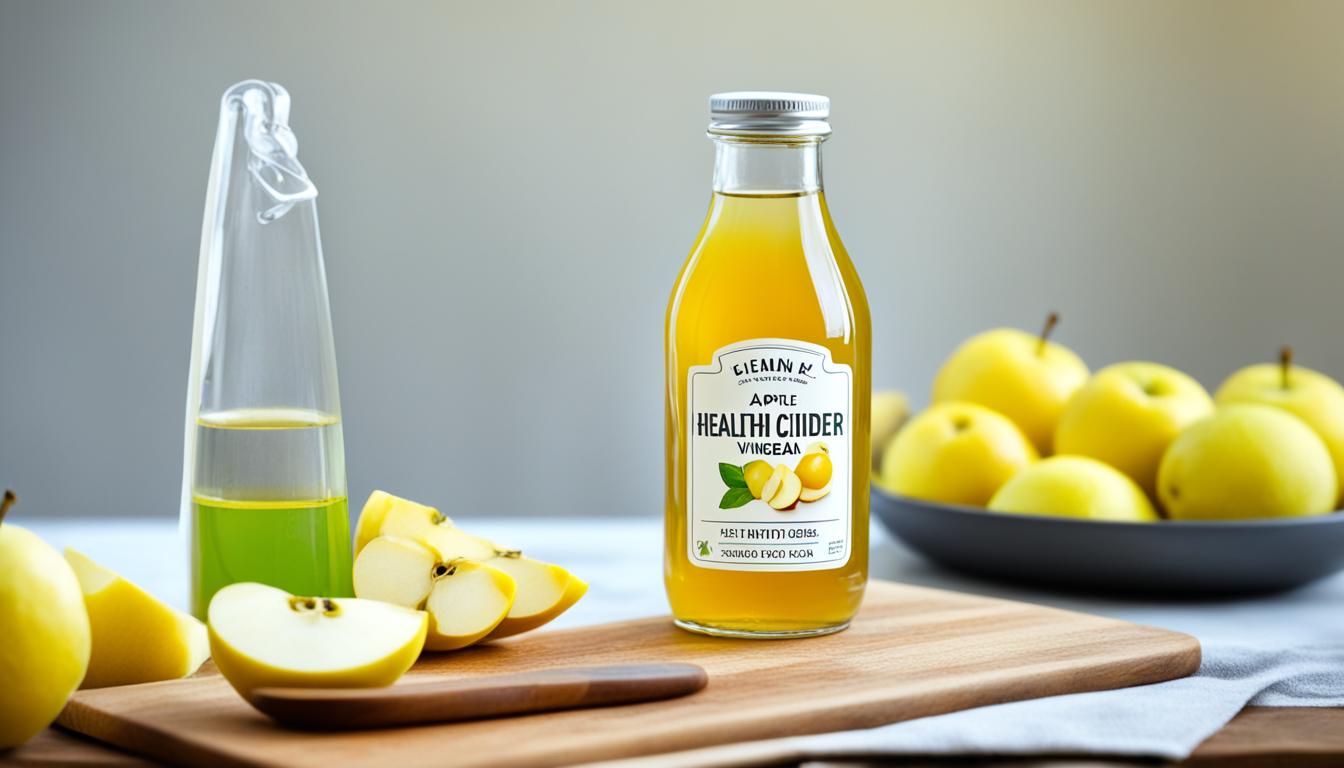 Vinaigre de cidre et pommes fraîches sur table.